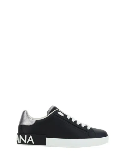 Dolce & Gabbana Portofino Sneakers In Black Leather With Silver Inserts