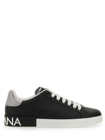 Dolce & Gabbana Portofino Sneakers In Black Leather With Silver Inserts