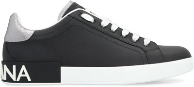 Dolce & Gabbana Portofino Sneakers In Black Leather With Silver Inserts