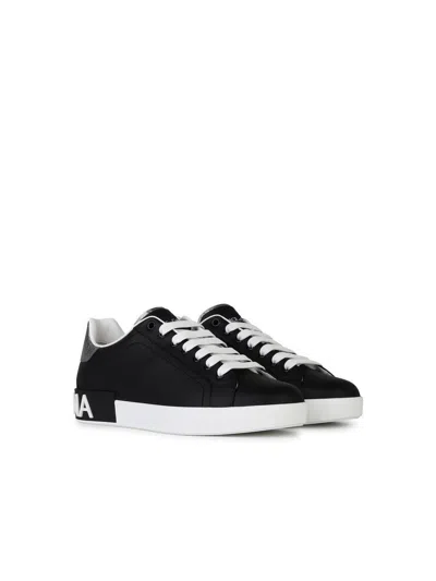 Dolce & Gabbana Portofino Sneakers In Black Leather With Silver Inserts