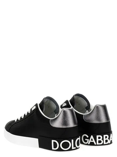 Dolce & Gabbana Portofino Sneakers In Black Leather With Silver Inserts