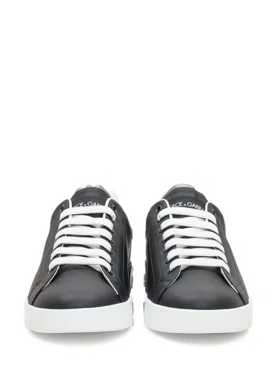 Dolce & Gabbana Portofino Sneakers In Black Leather With Silver Inserts