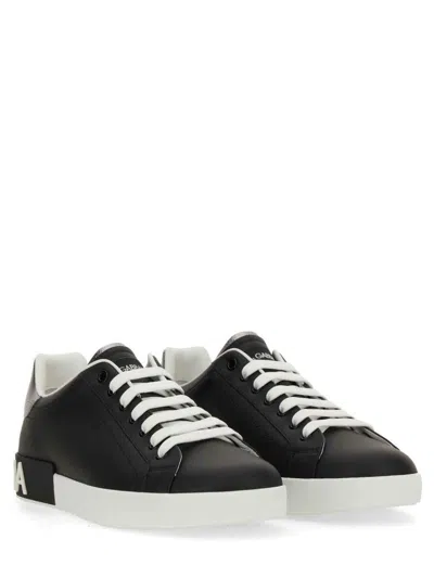 Dolce & Gabbana Portofino Sneakers In Black Leather With Silver Inserts
