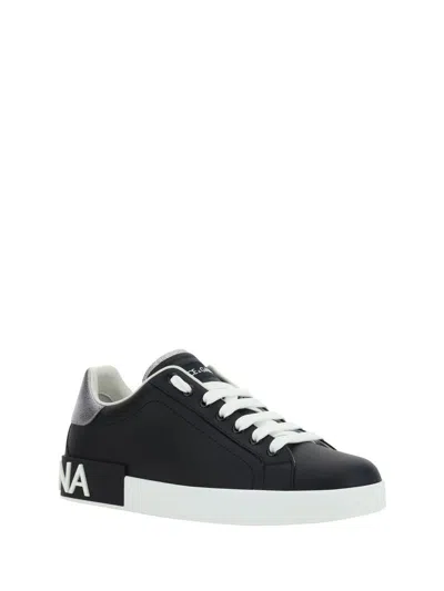 Dolce & Gabbana Portofino Sneakers In Black Leather With Silver Inserts