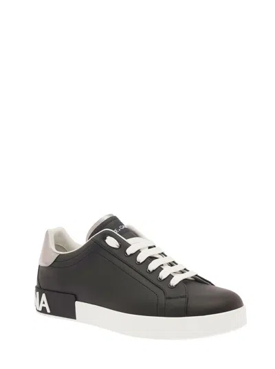 Dolce & Gabbana Portofino Sneakers In Black Leather With Silver Inserts