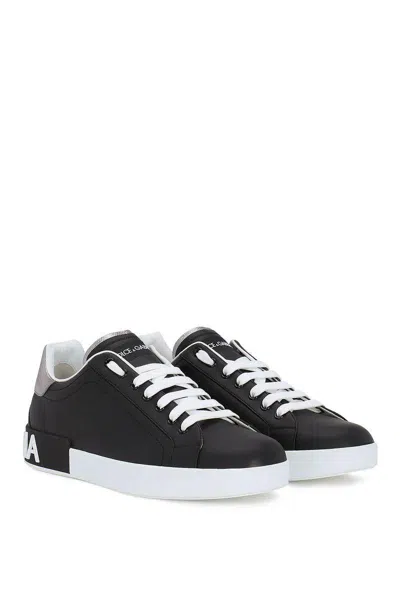 Dolce & Gabbana Portofino Sneakers In Black Leather With Silver Inserts