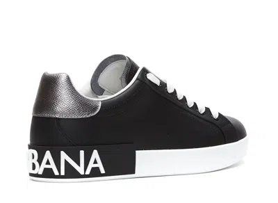 Dolce & Gabbana Portofino Sneakers In Black Leather With Silver Inserts