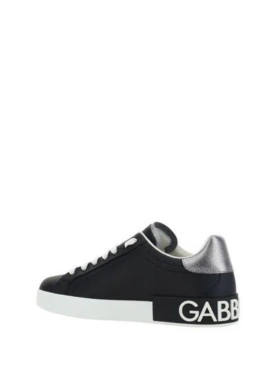 Dolce & Gabbana Portofino Sneakers In Black Leather With Silver Inserts
