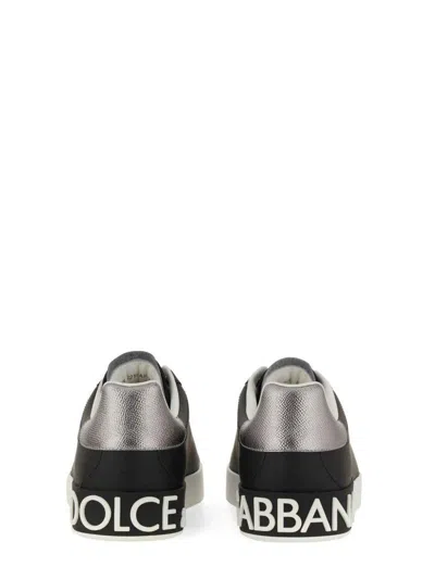 Dolce & Gabbana Portofino Sneakers In Black Leather With Silver Inserts