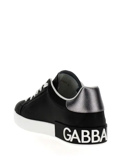 Dolce & Gabbana Portofino Sneakers In Black Leather With Silver Inserts