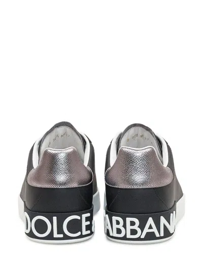 Dolce & Gabbana Portofino Sneakers In Black Leather With Silver Inserts