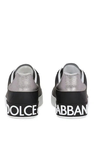 Dolce & Gabbana Portofino Sneakers In Black Leather With Silver Inserts