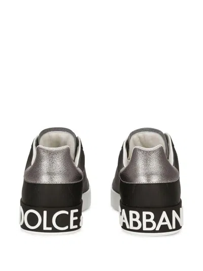 Dolce & Gabbana Portofino Sneakers In Black Leather With Silver Inserts