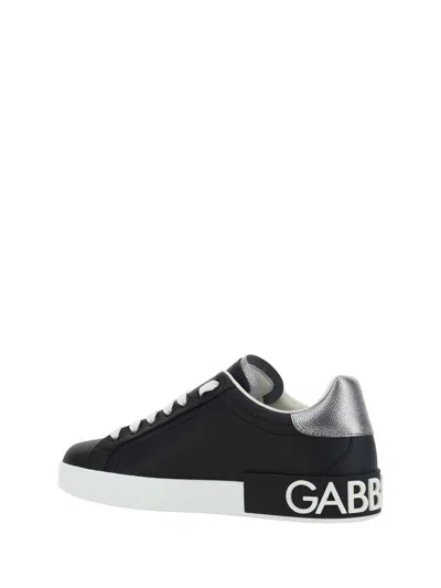 Dolce & Gabbana Portofino Sneakers In Black Leather With Silver Inserts