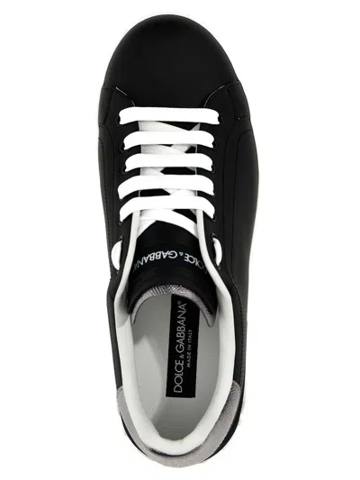 Dolce & Gabbana Portofino Sneakers In Black Leather With Silver Inserts