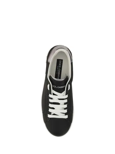 Dolce & Gabbana Portofino Sneakers In Black Leather With Silver Inserts