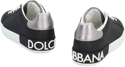 Dolce & Gabbana Portofino Sneakers In Black Leather With Silver Inserts