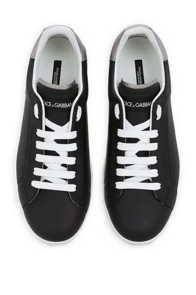 Dolce & Gabbana Portofino Sneakers In Black Leather With Silver Inserts