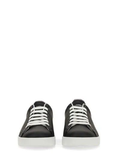 Dolce & Gabbana Portofino Sneakers In Black Leather With Silver Inserts