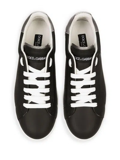 Dolce & Gabbana Portofino Sneakers In Black Leather With Silver Inserts