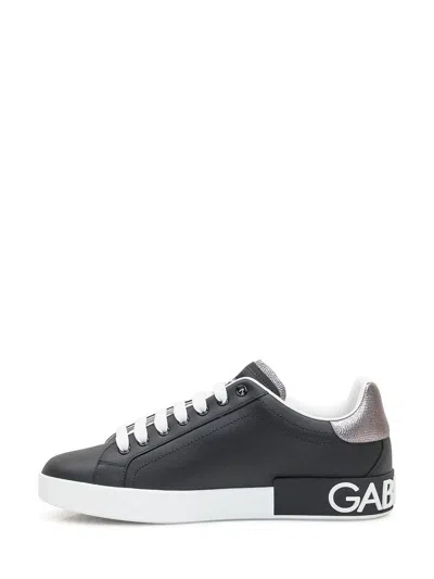 Dolce & Gabbana Portofino Sneakers In Black Leather With Silver Inserts