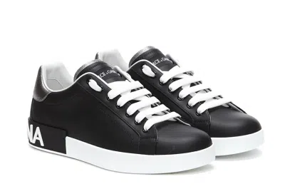 Dolce & Gabbana Portofino Sneakers In Black Leather With Silver Inserts