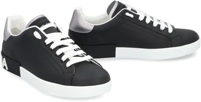 Dolce & Gabbana Portofino Sneakers In Black Leather With Silver Inserts