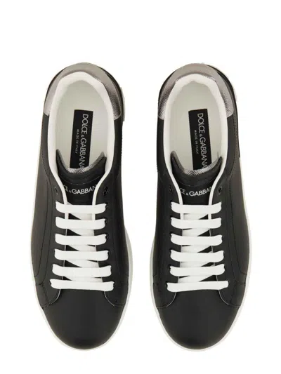 Dolce & Gabbana Portofino Sneakers In Black Leather With Silver Inserts