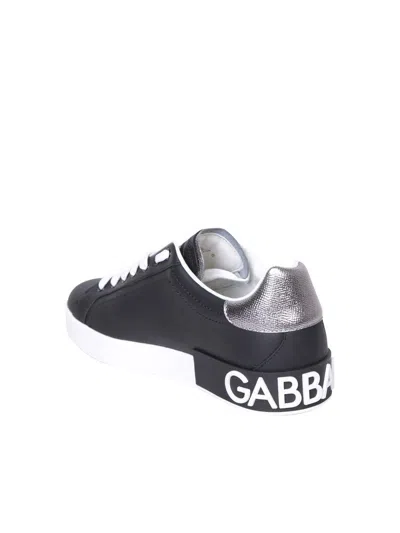 Dolce & Gabbana Portofino Sneakers In Black Leather With Silver Inserts