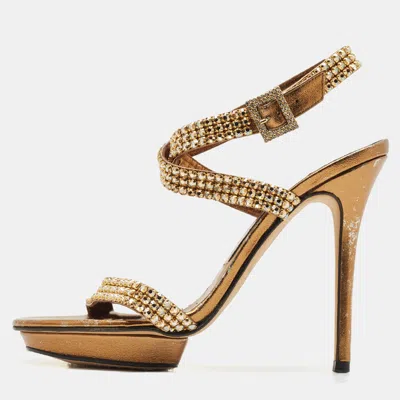 Pre-owned Gina Gold Leather Crystal Embellished Ankle Strap Sandals Size 38