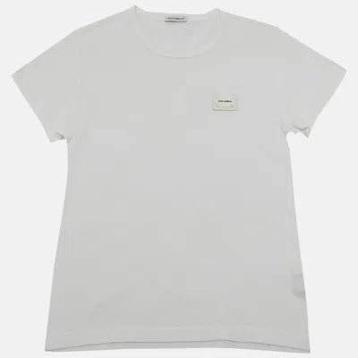 Pre-owned Dolce & Gabbana Kids White Logo Plaque Applique Jersey T-shirt 7/8 Yrs