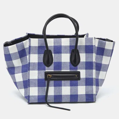 Pre-owned Celine Blue/white Gingham Woven Straw Medium Phantom Luggage Tote