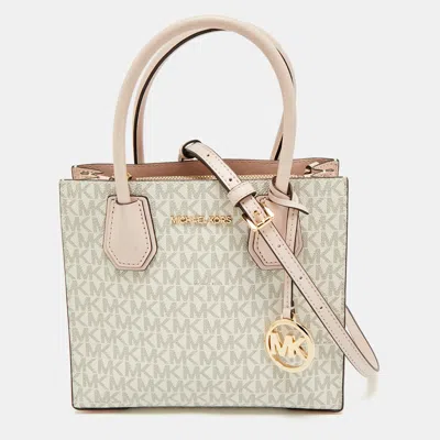 Pre-owned Michael Kors Ivory/pink Signature Coated Canvas And Leather Mini Mercer Tote
