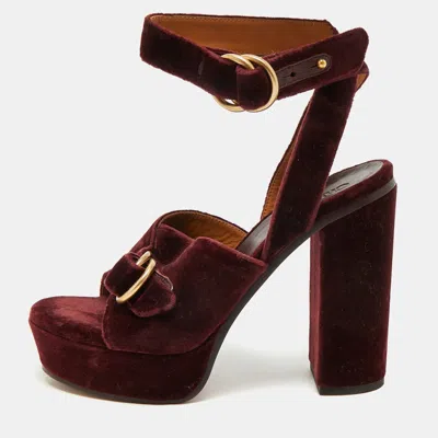 Pre-owned Chloé Burgundy Velvet T Chunky High Heel Ankle Strap Sandals Size 36