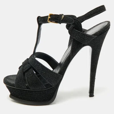 Pre-owned Saint Laurent Black Glitter And Suede Tribute Platform Sandals Size 37.5