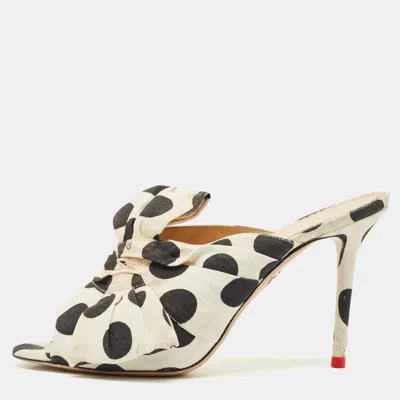Pre-owned Charlotte Olympia White/black Polka Canvas Bow Slide Sandals Size 40.5