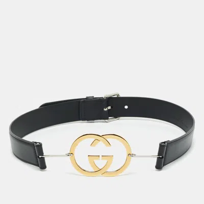 Pre-owned Gucci Black Leather Interlocking G Buckle Belt 80 Cm