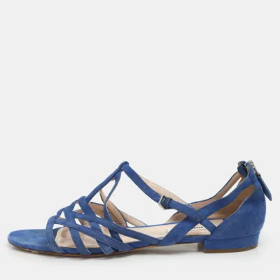 Pre-owned Miu Miu Blue Suede Buckle Detail Strappy Flat Sandals Size 38