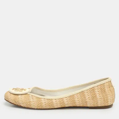 Pre-owned Tory Burch Beige/cream Raffia And Leather Reva Ballet Flats Size 38