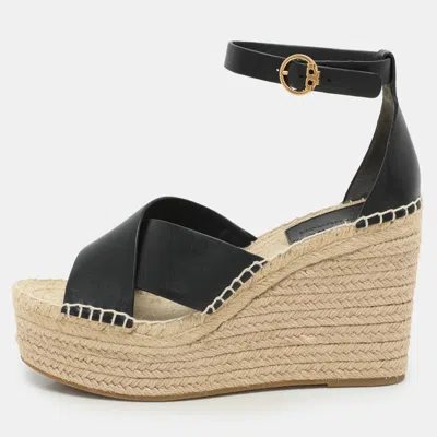 Pre-owned Tory Burch Black Leather Cross Strap Wedge Espadrille Sandals Size 38