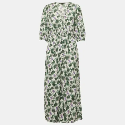 Pre-owned Maje White Printed Linen Blend V-neck Midi Dress Xl