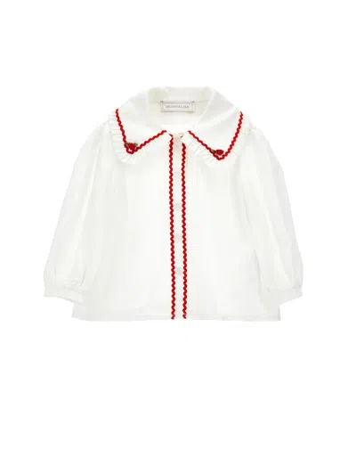 Monnalisa Shirt With Embroidered Collar And Red Details In Neutral