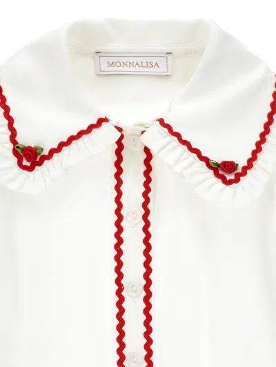 Monnalisa Shirt With Embroidered Collar And Red Details In Neutral