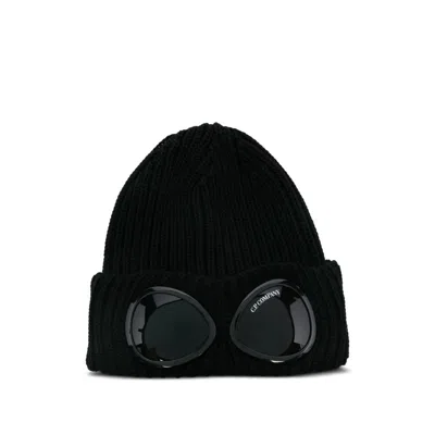 C.p. Company Black Knit Beanie With Googles Detail On The Front In Black