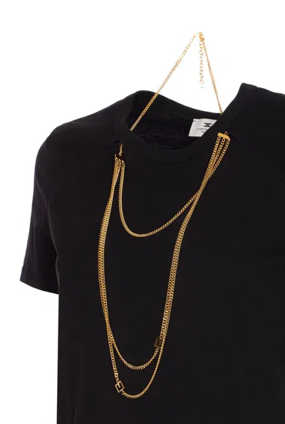 Elisabetta Franchi Logo T-shirt With Chain Detail And Charms In Black