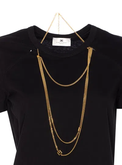 Elisabetta Franchi Logo T-shirt With Chain Detail And Charms In Black