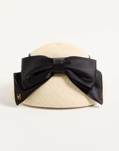 Valentino Garavani Vlogo Signature Panama Bucket Hat With Satin Bow Woman Natural/black 57