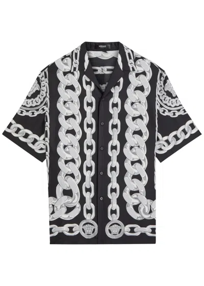 Versace Black And White Bowling Shirt With Cuban Collar And All-over Chain-link Print In Silk Man In Black