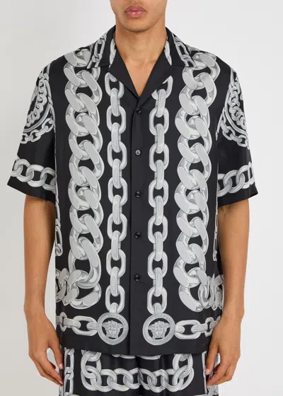 Versace Black And White Bowling Shirt With Cuban Collar And All-over Chain-link Print In Silk Man In Black