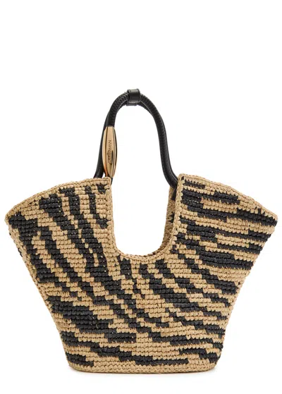Zimmermann Goldentime Small Leather-trimmed Raffia-jacquard Tote In Neutral